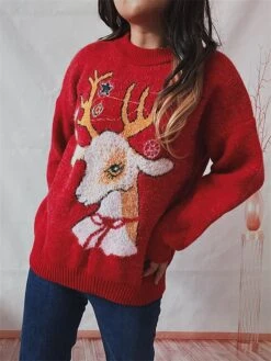 Women's Ugly Christmas Sweater Pullover Sweater Jumper Crew Neck Ribbed Knit Acrylic Oversized Fall Winter Regular Outdoor Xmas Daily Stylish Casual Soft Long Sleeve Elk Snowflake Red S M L -Xmas Cothing Store kapjmh1696903333301
