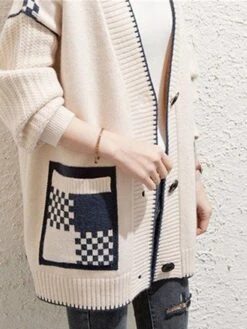 Women's Cardigan Sweater Open Front Ribbed Knit Polyester Button Pocket Fall Winter Short Outdoor Christmas Daily Stylish Casual Soft Long Sleeve Plaid Shallow Rice Red Orange One-Size Xmas -Xmas Cothing Store kdfdjv1695262426703