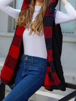 Women's Teddy Vest Winter Christmas Plaid Sleeveless Teddy Coat With Hood Fall Open Front Sherpa Jacket With Pockets Thermal Warm Windproof Casual Daily Street Xmas Jacket Red -Xmas Cothing Store kehetq1694506005094