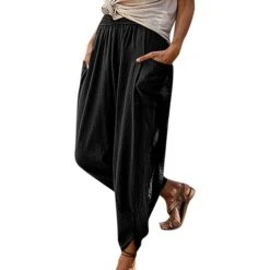 Women‘s Cotton Linen Pants With Side Pockets Christmas Wide-Leg Loose Casual Summer Fall White Light Blue S 2XL -Xmas Cothing Store kfalet1675064120173