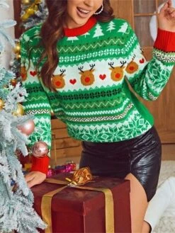 Women's Ugly Christmas Sweater Pullover Sweater Jumper Crew Neck Ribbed Knit Acrylic Oversized Fall Winter Regular Outdoor Christmas Daily Stylish Casual Soft Long Sleeve Elk Christmas Tree Green S M -Xmas Cothing Store kfdvfg1696903333576