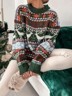 Women's Ugly Christmas Sweater Pullover Sweater Jumper Crew Neck Ribbed Knit Polyester Oversized Fall Winter Regular Outdoor Xmas Daily Stylish Casual Soft Long Sleeve Geometric Elk Snowflake -Xmas Cothing Store kfurqh1695111145307