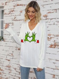 Women's Pullover Sweater Jumper V Neck Ribbed Knit Print Fall Winter Regular Christmas Soft Long Sleeve Animal White Light Green S M L -Xmas Cothing Store kggfuw1697017575387