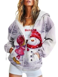 Women's Teddy Coat Hoodie Jacket Warm Breathable Outdoor Christmas Daily Wear Vacation Pocket Print Zipper Hoodie Active Sports Comfortable Xmas Snowman Regular Fit Outerwear Long Sleeve Fall -Xmas Cothing Store kgyunw1667452652043