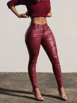 Women's Pants Trousers Leggings Full Length PU Pocket Micro-elastic Mid Waist Fashion Streetwear Xmas Party Christmas Wine S M Summer Fall
