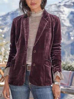 Women's Casual Blazer Velvet Casula Jacket Lapel Collar With Pockets Fall Party Jacket Winter Christmas Regular Fit Warm Stylish Vintage Style Classic Style Jacket Long Sleeve Solid Color Pure Color -Xmas Cothing Store kiywlc1642571103903