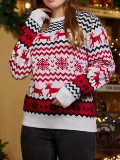 Women's Ugly Christmas Sweater Pullover Sweater Jumper Crew Neck Ribbed Knit Polyester Patchwork Fall Winter Regular Outdoor Xmas Daily Stylish Casual Soft Long Sleeve Elk Striped Snowflake -Xmas Cothing Store kjklyu1695115501737