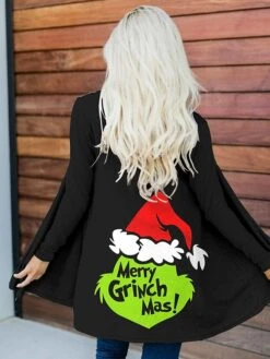 Women's Christmas Grinch Jacket Winter Open Front Cardigan Fall Coat Party Xmas Wear Loose Fit Outerwear Long Sleeve Black S
