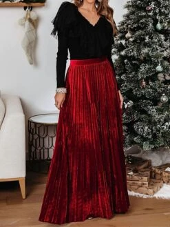Women's Skirt Swing Maxi Skirt Gold Velvet Wine Red Dark Green Skirts Fall & Winter Pleated High Waist Fashion Elegant Christmas Xmas StreetM L XL