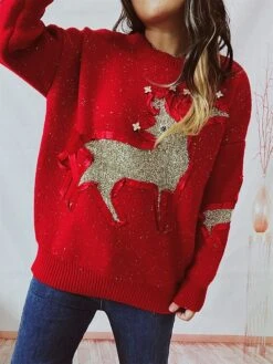 Women's Christmas Sweaters Pullover Sweater Jumper Crew Neck Chunky Knit Polyester Embroidery Spring Fall Winter Regular Christmas Daily New Year Fashion Cute Daily Long Sleeve Elk Red Beige S M L -Xmas Cothing Store kkmmoo1697539827472