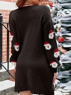 Women's Ugly Christmas Sweater Dress Crew Neck Ribbed Knit Polyester Patchwork Tassel Fall Winter Long Christmas Daily Going Out Xmas Stylish Casual Soft Long Sleeve Santa Claus Black Pink Green S -Xmas Cothing Store klicpi1695029211408