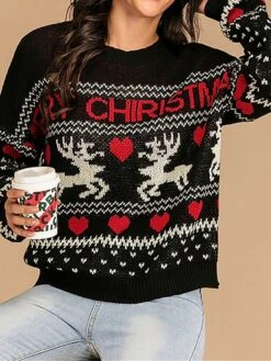 Women's Ugly Christmas Sweater Pullover Sweater Jumper Crew Neck Ribbed Knit Polyester Oversized Fall Winter Short Xmas Daily Going Out Stylish Casual Soft Long Sleeve Heart Letter Elk Black S M -Xmas Cothing Store klvnan1695209509281