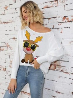 Women's Pullover Sweater Jumper Crew Neck Ribbed Knit Print Fall Winter Regular Christmas Soft Long Sleeve Animal Elk White Green S M L -Xmas Cothing Store klxyeq1697021477036