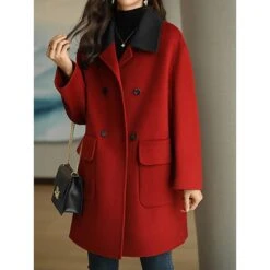Women's Coat Windproof Warm Holiday Daily Wear Weekend Button Pocket Double Breasted Lapel Vintage Daily Christmas Solid Color Regular Fit Outerwear Long Sleeve Fall Winter Black Red S M L XL XXL 3XL