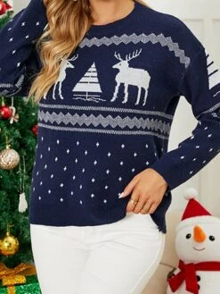 Women's Ugly Christmas Sweater Pullover Sweater Jumper Crew Neck Ribbed Knit Acrylic Knitted Fall Winter Xmas Holiday Stylish Casual Soft Long Sleeve Animal Christmas Tree Red Navy Blue S M L -Xmas Cothing Store knesow1665489476131