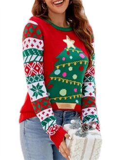 Women's Ugly Christmas Sweater Pullover Sweater Jumper Crew Neck Ribbed Knit Acrylic Oversized Fall Winter Short Xmas Daily Going Out Stylish Casual Soft Long Sleeve Christmas Tree Snowflake -Xmas Cothing Store knkzwg1695262574495