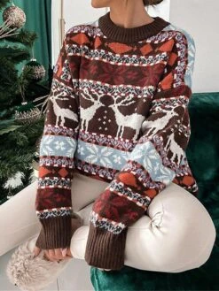 Women's Ugly Christmas Sweater Pullover Sweater Jumper Crew Neck Ribbed Knit Polyester Oversized Fall Winter Regular Outdoor Xmas Daily Stylish Casual Soft Long Sleeve Geometric Elk Snowflake -Xmas Cothing Store knrich1695111138038