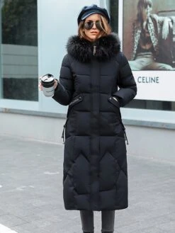 Women's Puffer Jacket Long With Pockets Fur Collar Coat Black Khaki Off-white Red Stylish Christmas Winter Zipper Hoodie Regular Fit L XL XXL XXXL / Daily / Casual / Windproof / Solid Color -Xmas Cothing Store knrjpx1642503572464