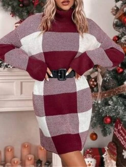 Women's Ugly Christmas Sweater Sweater Dress Christmas Sweaters Turtleneck Ribbed Knit Polyester Knitted Fall Winter Long Outdoor Christmas Daily Stylish Casual Soft Long Sleeve Plaid Red S M L -Xmas Cothing Store kpbboe1697697879075