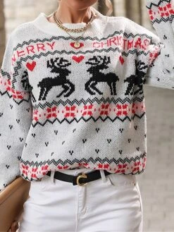 Women's Ugly Christmas Sweater Pullover Sweater Jumper Crew Neck Ribbed Knit Polyester Patchwork Fall Winter Regular Outdoor Christmas Daily Stylish Casual Soft Long Sleeve Heart Elk White S M L -Xmas Cothing Store kpngnt1697103881405