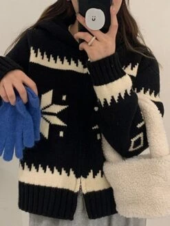 Women's Ugly Christmas Sweater Cardigan Christmas Sweaters Hooded Ribbed Knit Polyester Zipper Knitted Print Fall Winter Regular Outdoor Christmas Daily Stylish Casual Soft Long Sleeve Snowflake -Xmas Cothing Store kpsmza1697290892696