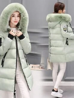 Women's Puffer Jacket Long With Pockets Slim Fit Fur Collar Coat Powder Bean Green White Black Gray Classic Style Christmas Winter Zipper Hoodie Regular Fit M L XL XXL XXXL / Daily / Windproof -Xmas Cothing Store kqdjdw1648704655788