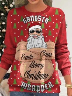 Women's Ugly Christmas Sweater Pullover Sweater Jumper Crew Neck Ribbed Knit Polyester Print Fall Winter Regular Outdoor Xmas Holiday Stylish Casual Soft Long Sleeve Santa Claus Print Black Red