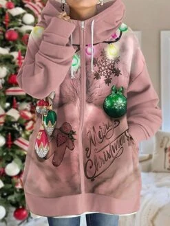 Women's Ugly Christmas Jacket Party Xmas Hooded Coat Winter Drawstring Zipper Jacket Green Loose Fit Outerwear Long Sleeve Fall