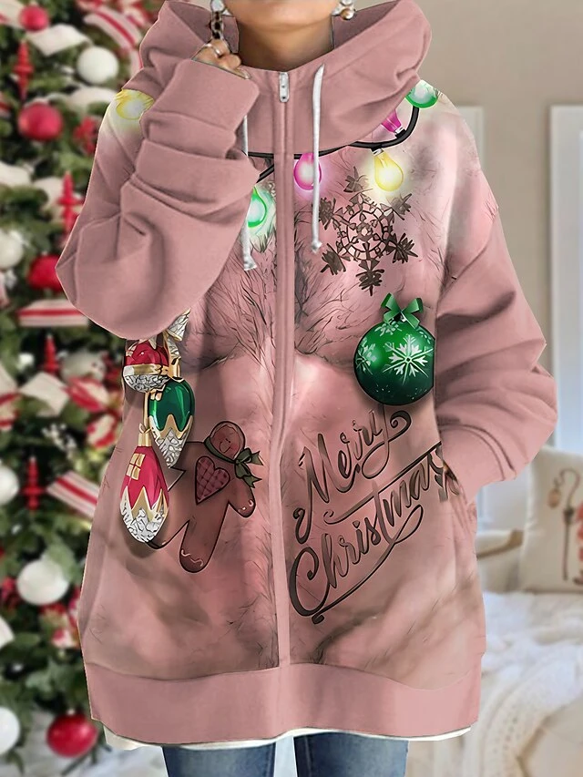 Women's Ugly Christmas Jacket Party Xmas Hooded Coat Winter Drawstring Zipper Jacket Green Loose Fit Outerwear Long Sleeve Fall 3 Women's Ugly Christmas Jacket Party Xmas Hooded Coat Winter Drawstring Zipper Jacket Green Loose Fit Outerwear Long Sleeve Fall