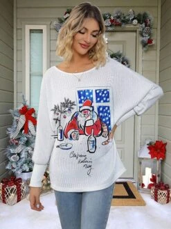 Women's Ugly Christmas Sweater Pullover Sweater Jumper Crew Neck Ribbed Knit Polyester Knitted Print Fall Winter Regular Outdoor Christmas Holiday Daily Stylish Casual Long Sleeve Santa Claus White