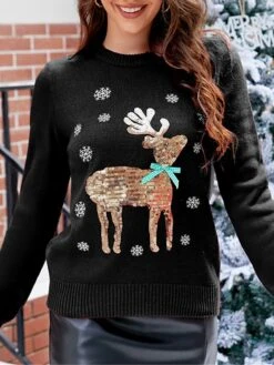 Women's Ugly Christmas Sweater Pullover Sweater Jumper Crew Neck Ribbed Knit Acrylic Sequins Embroidered Fall Winter Regular Christmas Daily Xmas Stylish Casual Soft Long Sleeve Animal Elk Black -Xmas Cothing Store kqswuh1695029182864