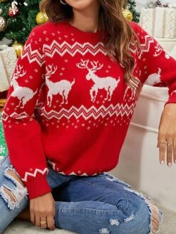 Women's Ugly Christmas Sweater Pullover Sweater Jumper Crew Neck Ribbed Knit Cotton Polyester Knitted Fall Winter Outdoor Xmas Holiday Stylish Casual Soft Long Sleeve Geometric Elk Red S M L -Xmas Cothing Store krvizv1666854042748