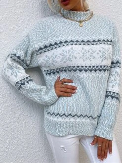 Women's Ugly Christmas Sweater Pullover Sweater Jumper Stand Collar Ribbed Knit Polyester Patchwork Fall Winter Regular Outdoor Christmas Daily Stylish Casual Soft Long Sleeve Snowflake Pink Blue -Xmas Cothing Store kryupf1696903373028