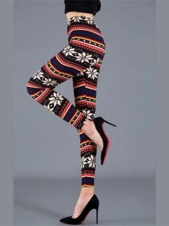 Women's Christmas Leggings Full Length Cotton Blend Print Micro-elastic High Waist Active Vacation Holiday Santa Claus Big Red Snowflake One-Size Fall Winter -Xmas Cothing Store ktyrqs1696232179687