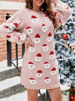 Women's Ugly Christmas Sweater Dress Crew Neck Ribbed Knit Polyester Patchwork Tassel Fall Winter Long Christmas Daily Going Out Xmas Stylish Casual Soft Long Sleeve Santa Claus Black Pink Green S -Xmas Cothing Store kubcxl1695029200453