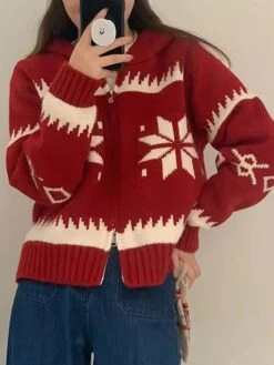 Women's Ugly Christmas Sweater Cardigan Christmas Sweaters Hooded Ribbed Knit Polyester Zipper Knitted Fall Winter Regular Outdoor Christmas Daily Stylish Casual Soft Long Sleeve Snowflake White Red