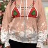 Women's Plus Size Ugly Christmas Hooded Jacket Christmas Tree Print Party Xmas Drawstring Sport Coat Fashion Loose Fit Outerwear Long Sleeve Fall Light Pink S