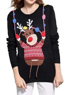 Women's Ugly Christmas Sweater Pullover Sweater Jumper Crew Neck Ribbed Knit Acrylic Patchwork Fall Winter Regular Outdoor Xmas Daily Stylish Casual Soft Long Sleeve Geometric Elk Black S M L