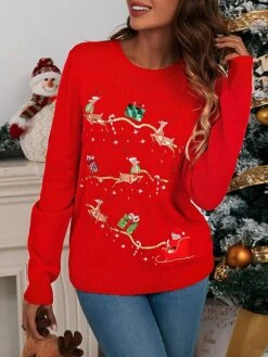 Women's Ugly Christmas Sweater Crew Neck Chunky Knit Acrylic Embroidered Drop Shoulder Spring Fall Winter Regular Party Christmas Stylish Long Sleeve Elk Black Red S M L -Xmas Cothing Store kwqjtj1696903811255