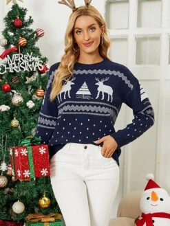 Women's Pullover Sweater Jumper Crew Neck Chunky Crochet Knit Polyester Embroidery Spring Fall Winter Christmas Daily Holiday Stylish Casual Long Sleeve Elk Xmas Tree Red Blue S M L -Xmas Cothing Store kxheso1693561355239