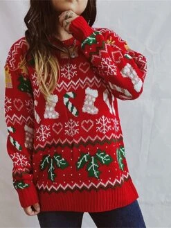 Women's Ugly Christmas Sweater Pullover Sweater Jumper Crew Neck Ribbed Knit Polyester Oversized Fall Winter Regular Outdoor Christmas Daily Stylish Casual Soft Long Sleeve Heart Christmas Tree