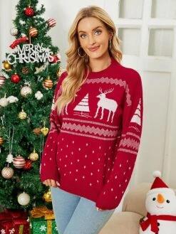 Women's Pullover Sweater Jumper Crew Neck Chunky Crochet Knit Polyester Embroidery Spring Fall Winter Christmas Daily Holiday Stylish Casual Long Sleeve Elk Xmas Tree Red Blue S M L -Xmas Cothing Store kxsagh1693561353770