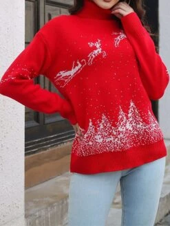 Women's Ugly Christmas Sweater Pullover Sweater Jumper Turtleneck Ribbed Knit Acrylic Patchwork Fall Winter Regular Outdoor Christmas Daily Stylish Casual Soft Long Sleeve Elk Christmas Tree White Red -Xmas Cothing Store kyplih1697103900033