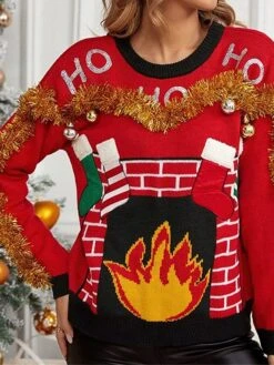 Women's Ugly Christmas Sweater Pullover Sweater Jumper Christmas Sweaters Crew Neck Ribbed Knit Acrylic Embroidered Knitted Fall Winter Regular Outdoor Christmas Daily Fashion Casual Soft Long Sleeve -Xmas Cothing Store kzhswu1697626858010