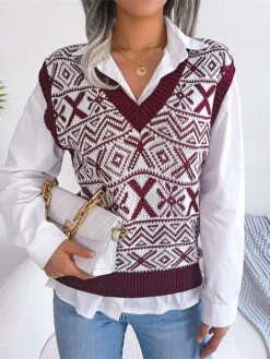 Women's Xmas Sweater Vest V Neck Ribbed Knit Acrylic Button Fall Winter Regular Outdoor Christmas Daily Stylish Casual Soft Sleeveless Snowflake Wine Blue Khaki S M L -Xmas Cothing Store kzkxmx1695111134770