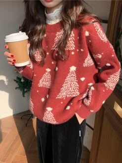 Women's Ugly Christmas Xmas Sweater Pullover Sweater Jumper Pullover Crew Neck Crochet Knit Cotton Knitted Fall Winter Christmas Daily Casual Long Sleeve Christmas Tree Red One-Size