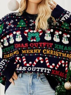 Women's Ugly Christmas Sweater Pullover Sweater Jumper Crew Neck Ribbed Knit Acrylic Knitted Fall Winter Outdoor Christmas Daily Stylish Casual Soft Long Sleeve Letter Snowman Xmas Tree Navy Blue -Xmas Cothing Store kzpybw1667543491677