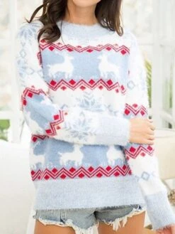 Women's Ugly Christmas Sweater Pullover Sweater Jumper Crew Neck Ribbed Knit Cotton Blend Knitted Fall Winter Outdoor Xmas Holiday Stylish Casual Soft Long Sleeve Snowflake Pink Red Blue S M L -Xmas Cothing Store laccbk1666778109584