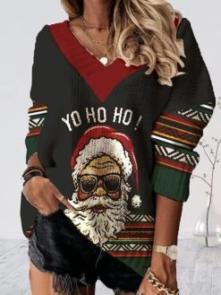 Women's Ugly Xmas Sweater Pullover Sweater Jumper Crochet Knit Regular Print Santa Claus V Neck Stylish Casual Christmas Drop Shoulder Fall Winter Black Wine S M L -Xmas Cothing Store ladriy1695029609590