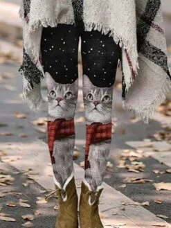 Women's Xmas Tights Leggings Dark Grey Matt Black Creamy-white Fashion Christmas Cat Maple Casual Full Length Thermal Warm Cat S M L XL 2XL -Xmas Cothing Store lbaikk1665660342016